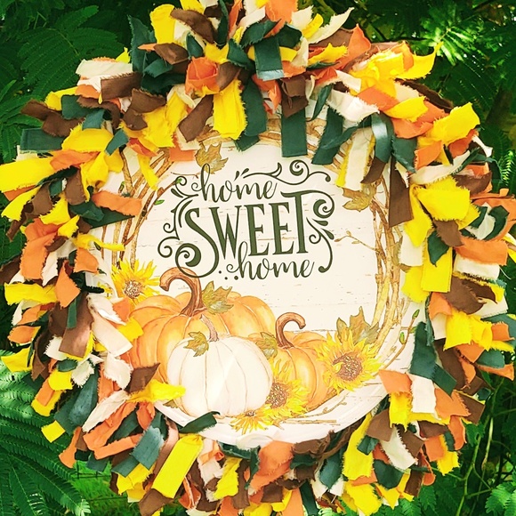 Hand Crafted Fabric Rag Wreath Fall Pumpkins Tin Sign Home Sweet Home Decor 18" - Picture 2 of 8